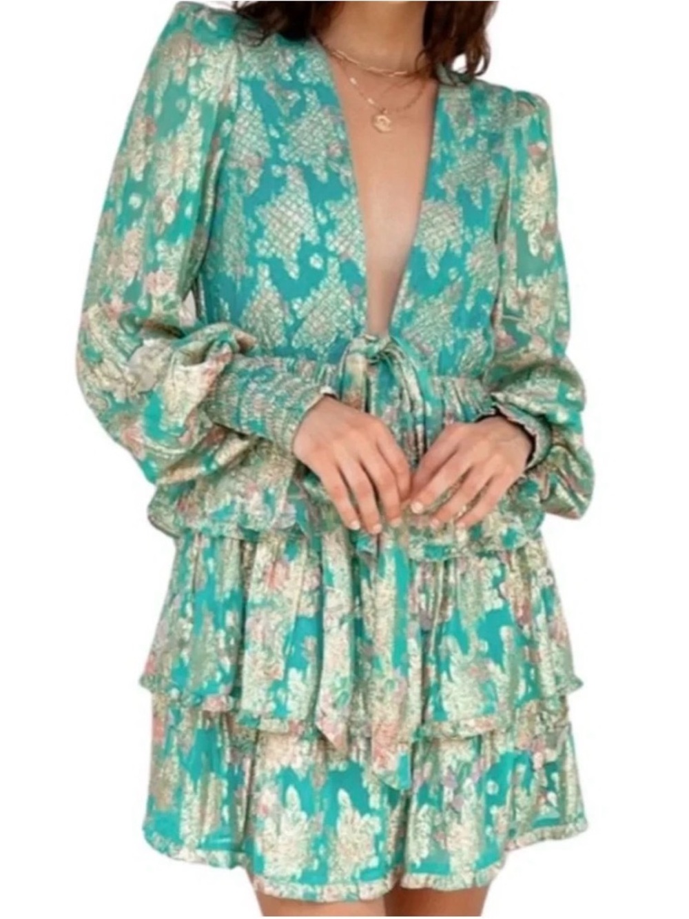 HEMANT & NANDITA Isha Teal Tiered Mini Dress - Sz M